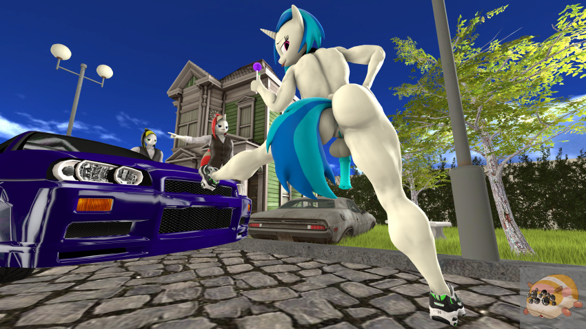 16:9 3d_(artwork) 4k absurd_res angry anthro aria_calliope balls candy car clothed clothed/nude clothed_male_nude_female clothing dessert detailed_background digital_media_(artwork) dj_hazardous equid equine female food footwear friendship_is_magic genitals grass group gynomorph hand_on_hip hasbro herm hi_res horn intersex lollipop looking_at_viewer looking_back looking_down male mammal mr.guinea_pig muscular muscular_female my_little_pony nude penis plant shoes skyline sneakers tongue tongue_out tree unicorn vehicle vinyl_scratch_(mlp) widescreen