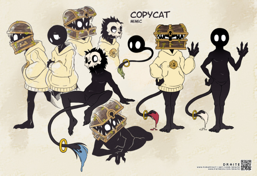 anthro bottomless bottomless_male brush_tail clothed clothing demon draite halo hoodie humanoid imp male mask mimic mimic_chest model_sheet skull_head skull_mask solo text topwear url