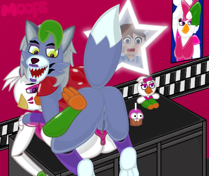 animatronic anthro avian being_watched bird canid canine canis caught chicken cupcake_(fnaf) duo female female/female five_nights_at_freddy's five_nights_at_freddy's:_security_breach galliform gallus_(genus) genitals glamrock_chica_(fnaf) gregory_(fnaf) human interspecies looking_at_another machine mammal mirror mirror_reflection moopsart phasianid plushie pussy reflection robot roxanne_wolf_(fnaf) shocked shocked_expression stacking surprise video_games wolf