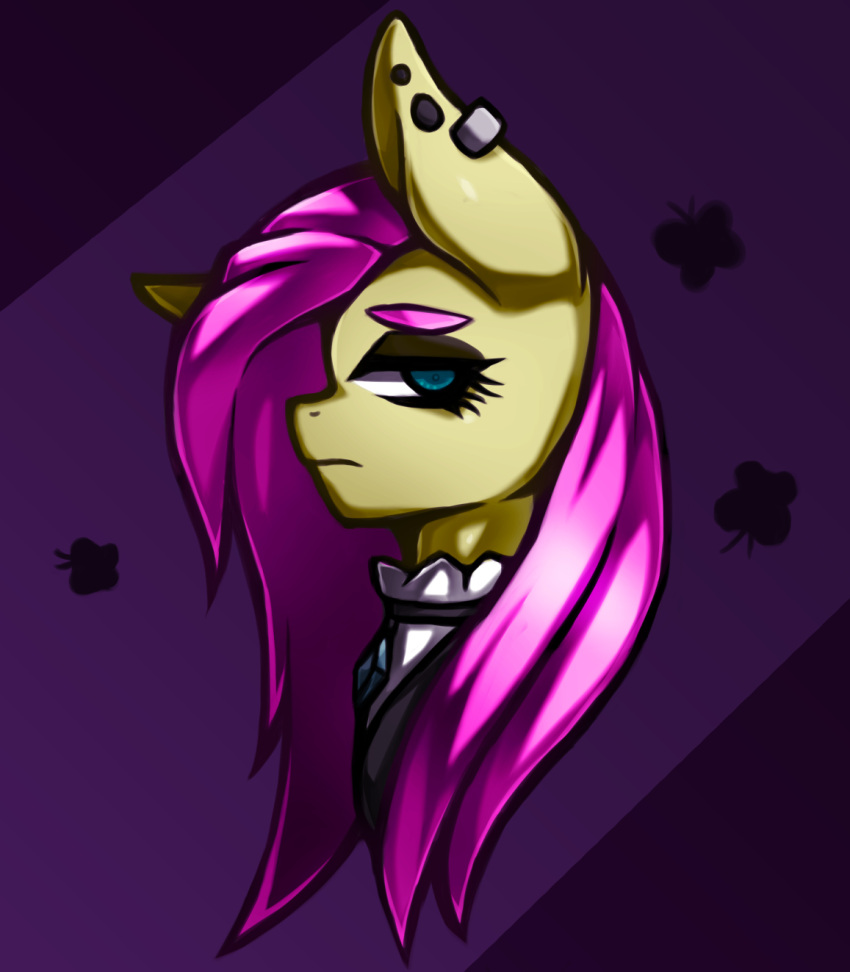 2021 blue_eyes bust_portrait collar ear_piercing equid equine female feral flutter fluttershy_(mlp) friendship_is_magic hair hasbro hi_res kyouman long_hair mammal my_little_pony pegasus piercing pink_hair portrait purple_background side_view simple_background solo wings yellow_body