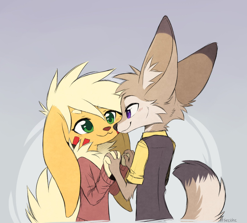 2021 aseethe black_nose canid canine digital_media_(artwork) eye_contact fennec fox fur green_eyes hair hand_holding hi_res looking_at_another mammal purple_eyes smile