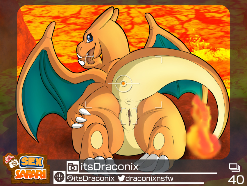 absurd_res anus blue_eyes butt charizard claws conditional_dnp english_text female feral fire genitals hand_lick hand_on_leg hi_res horn itsdraconix lava licking looking_at_viewer looking_back lying nature nintendo on_front orange_body orange_skin outside paws photo photo_background pok&eacute;mon pok&eacute;mon_(species) pok&eacute;mon_snap presenting presenting_hindquarters presenting_pussy pussy raised_tail rear_view rock solo text tongue tongue_out video_games watermark wings