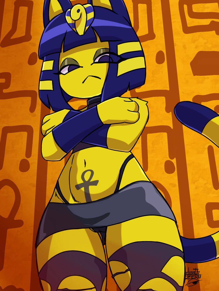 animal_crossing ankha_(animal_crossing) anthro bottomwear clothing convenient_censorship crop_top crossed_arms deathzera domestic_cat felid feline felis female frown hi_res legwear looking_at_viewer low-angle_view mammal miniskirt nintendo shirt skirt solo thigh_highs thong topwear torn_clothing torn_legwear underwear video_games