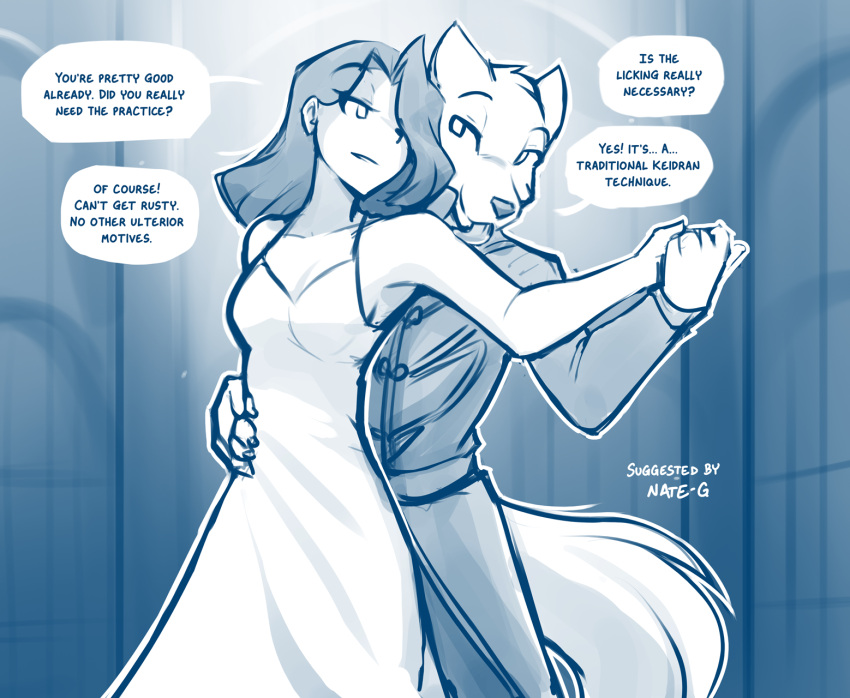 2021 anthro bare_shoulders blue_and_white breasts canid canine canis cleavage clothed clothing conditional_dnp dancing dialogue dress duo english_text female hair hair_over_eye hand_holding hand_on_hip hi_res human keidran licking male mammal maren_taverndatter monochrome one_eye_obstructed sketch slow_dancing smile sythe_(twokinds) text tom_fischbach tongue tongue_out twokinds uniform webcomic wolf