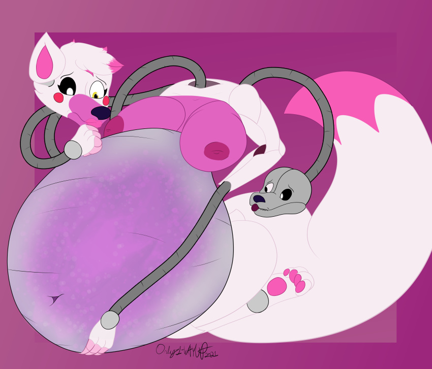 absurd_res animatronic anthro belly big_belly big_breasts breasts canid canine digital_drawing_(artwork) digital_media_(artwork) female five_nights_at_freddy's five_nights_at_freddy's_2 fox hair hi_res inflation inverted_nipples machine mammal mangle_(fnaf) nipples nude only-1-wayup robot signature simple_background solo video_games