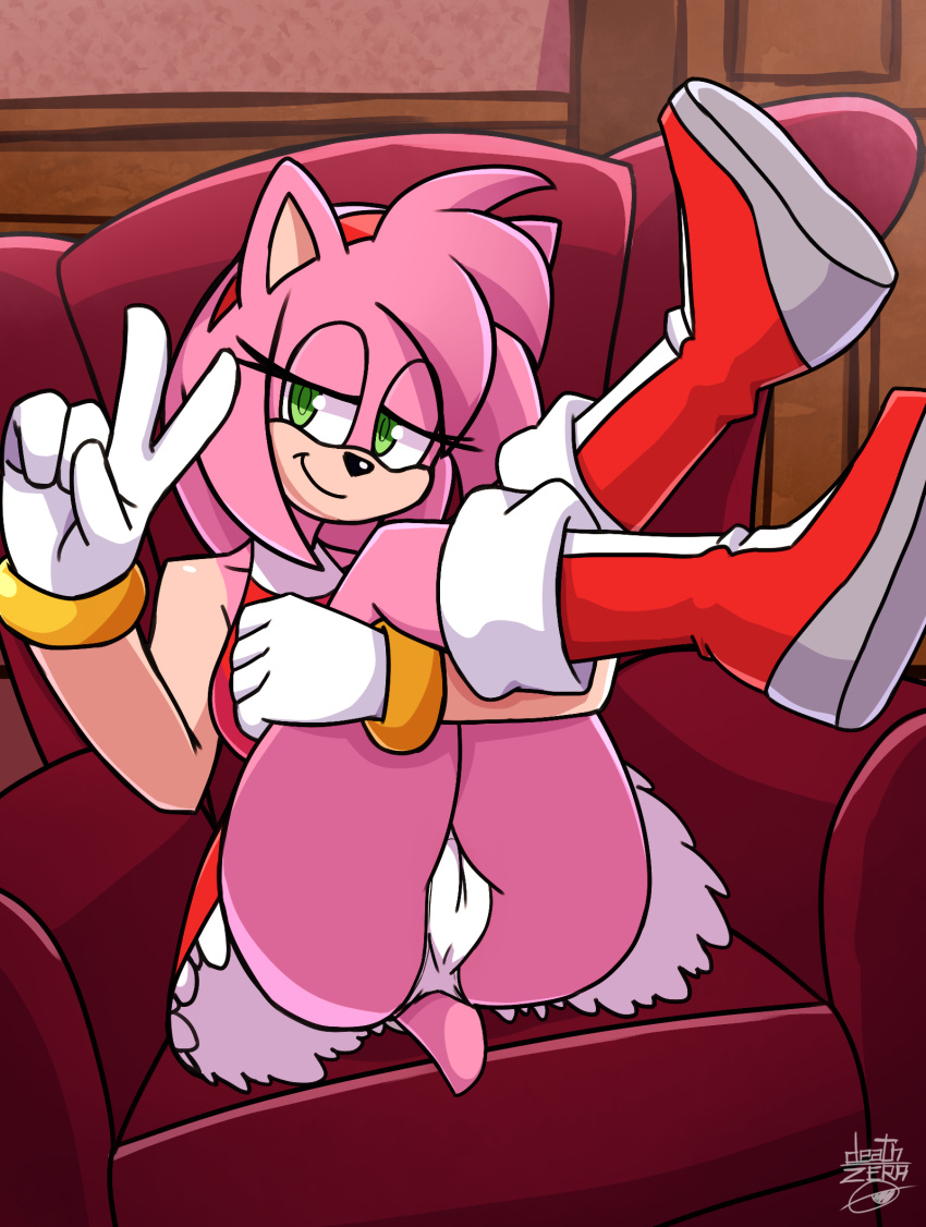 amy_rose anthro boots camel_toe clothing deathzera eulipotyphlan female footwear gesture hedgehog hi_res legs_up looking_at_viewer mammal panties sega sitting smile solo sonic_the_hedgehog_(series) underwear upskirt v_sign