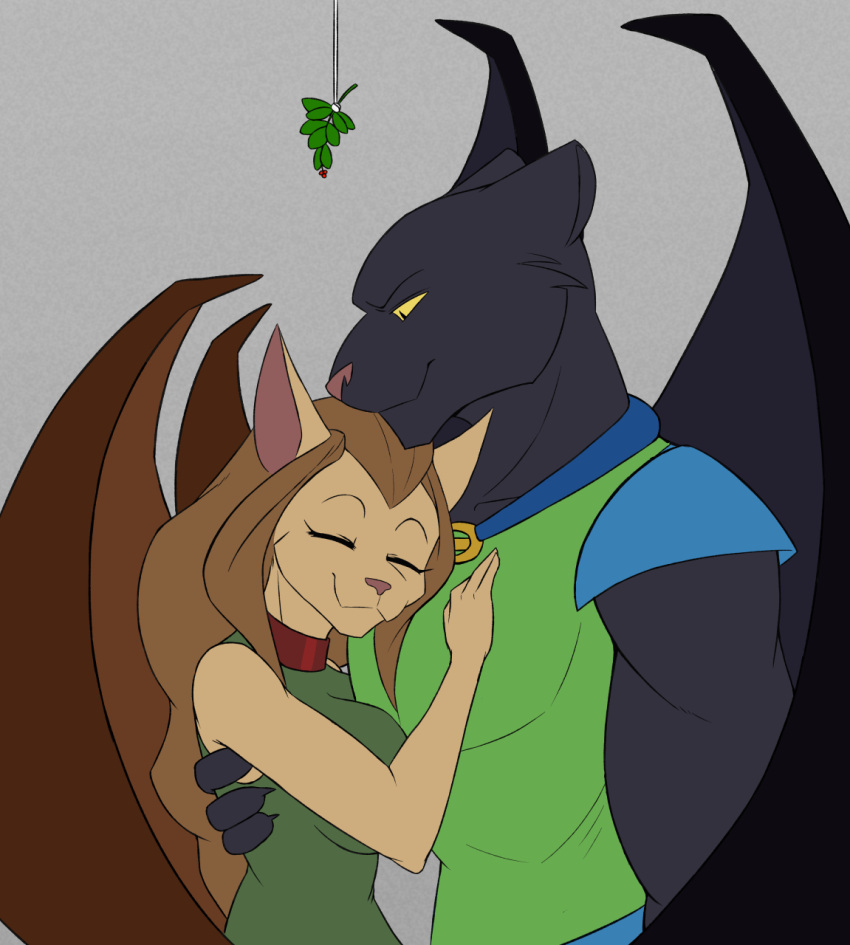 2018 anthro black_body black_fur brown_hair clothed clothing disney duo embrace eyes_closed felid female fur gargoyles hair hexteknik hi_res hug maggie_reed_(gargoyles) male mammal mistletoe mutate_(gargoyles) plant talon_(gargoyles) tan_body tan_fur wings yellow_eyes