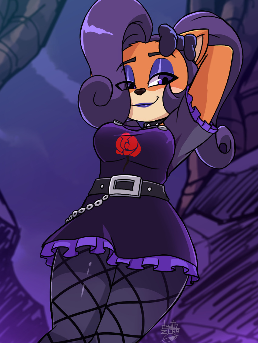 activision alternate_costume anthro bandicoot clothing coco_bandicoot crash_bandicoot_(series) deathzera female fishnet fishnet_legwear goth hair hair_over_eye hands_behind_head hi_res legwear looking_at_viewer mammal marsupial one_eye_obstructed smile smirk solo video_games