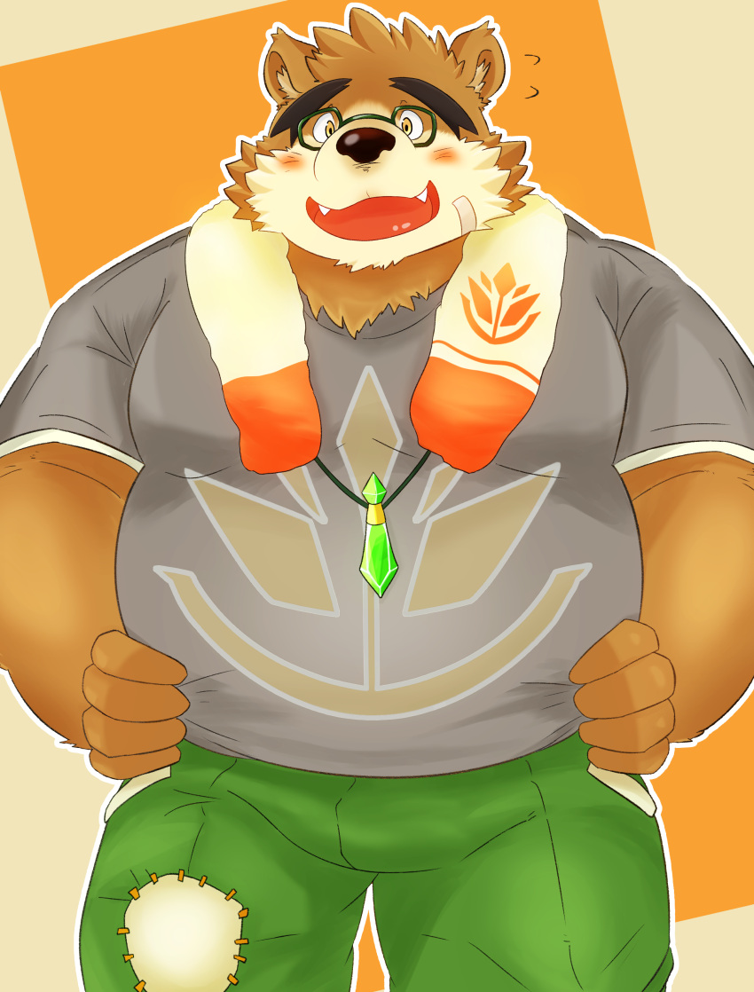 2021 absurd_res anthro belly blush bottomwear brown_body brown_fur clothing cute_fangs eyewear fur glasses hi_res jinastray kemono lifewonders male overweight overweight_male pants shirt simple_background solo tokyo_afterschool_summoners topwear towel towel_around_neck video_games volos