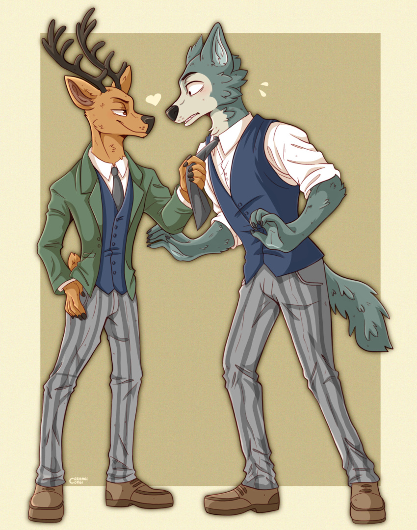 2020 5_fingers anthro antlers beastars canid canine canis caramelcorgi cervid clothed clothing clothing_pull duo eye_contact fingers hi_res horn legoshi_(beastars) looking_at_another louis_(beastars) louis_pulling_legoshi male mammal necktie necktie_pull signature wolf