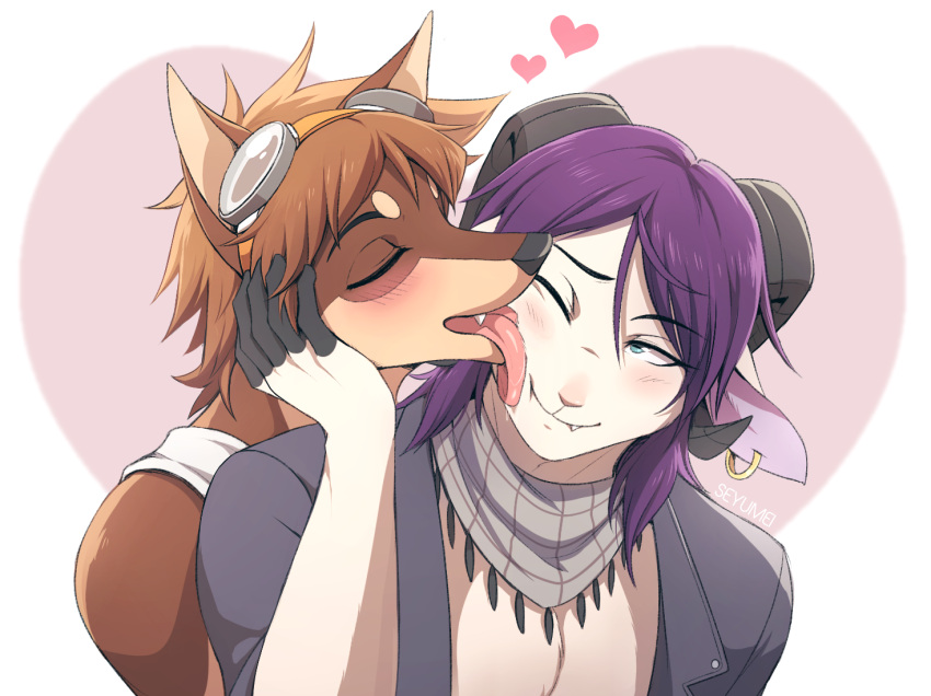 &lt;3 2021 5_fingers anthro blush bodily_fluids bovid brown_body brown_eyes brown_fur canid canine canis caprine clothed clothing dobermann domestic_dog duo ear_piercing eyes_closed eyewear face_lick fingers fur goat goggles hair horn keith_(seyumei) kissing licking male male/male mammal one_eye_closed piercing pinscher purple_hair saliva seyumei simple_background sky_(seyumei) tongue tongue_out white_body white_fur