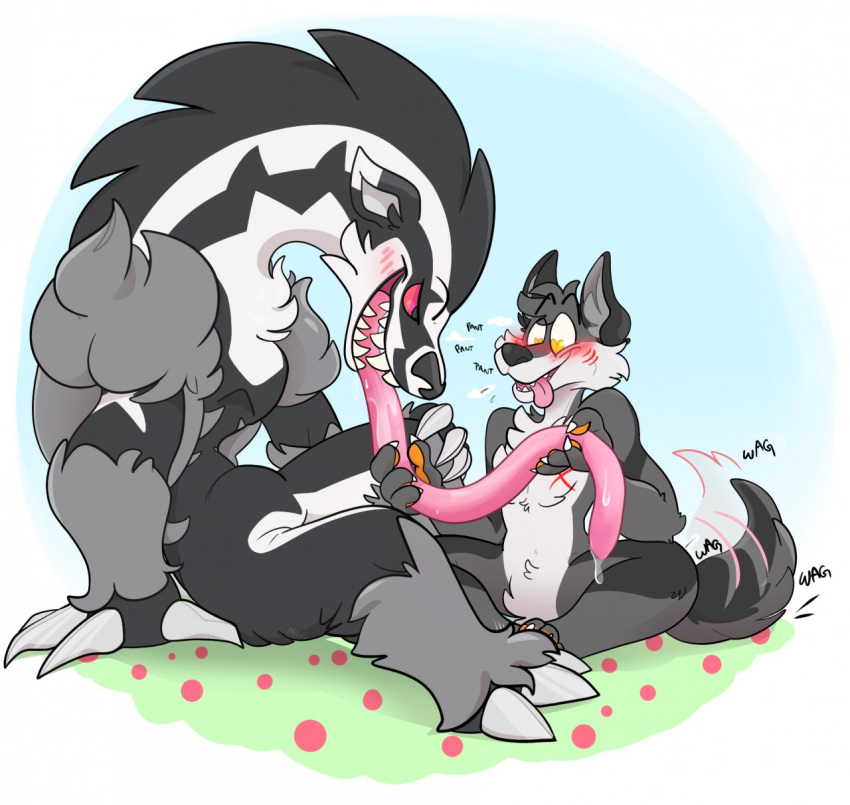 ambiguous_gender between_legs blush bodily_fluids breath canid canine canis cirkus claws crossed_legs cute_expression drooling duo excited hair hi_res holding_tongue hunched_over lidded_eyes long_tongue looking_at_another looking_at_partner mammal mouth_play nintendo obstagoon open_mouth outside panting pok&eacute;mon pok&eacute;mon_(species) saliva saliva_on_tongue saliva_string sharp_claws sharp_teeth sitting sitting_between_legs spiky_hair star_eyes tail_motion tailwag teeth tongue tongue_focus tongue_out video_games wolf