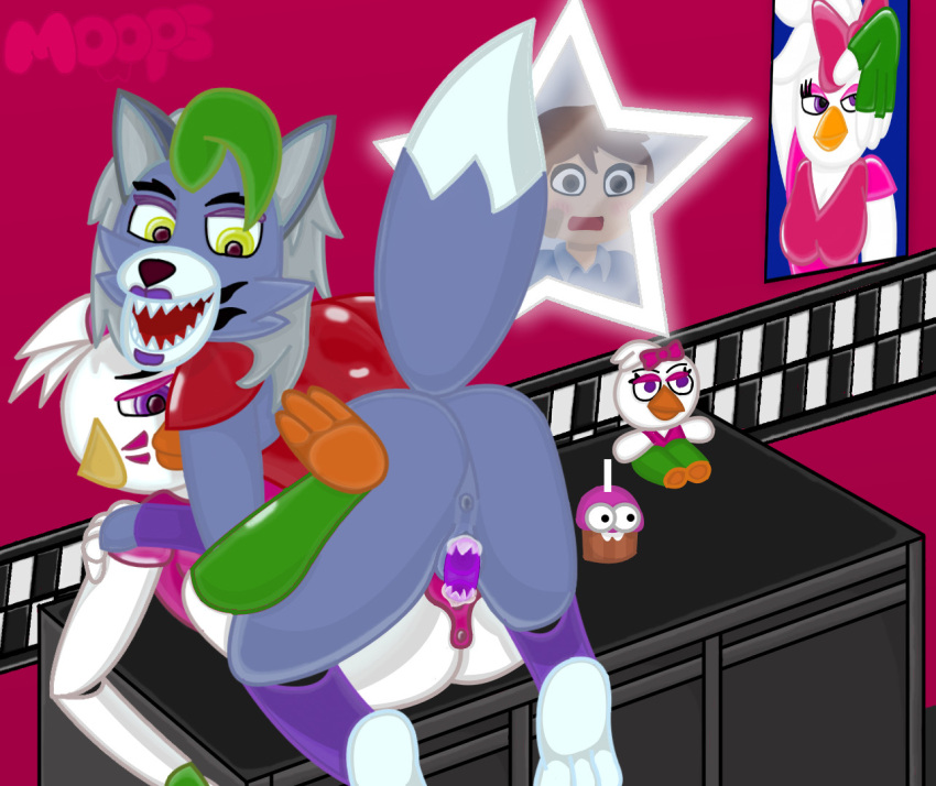 animatronic anthro avian being_watched bird bodily_fluids canid canine canis caught chicken cupcake_(fnaf) dildo double_dildo duo female female/female five_nights_at_freddy's five_nights_at_freddy's:_security_breach galliform gallus_(genus) genitals glamrock_chica_(fnaf) gregory_(fnaf) human humanoid interspecies looking_at_another machine mammal mirror mirror_reflection moopsart phasianid plushie purple_dildo pussy reflection robot roxanne_wolf_(fnaf) sex_toy shocked shocked_expression stacking surprise video_games wolf