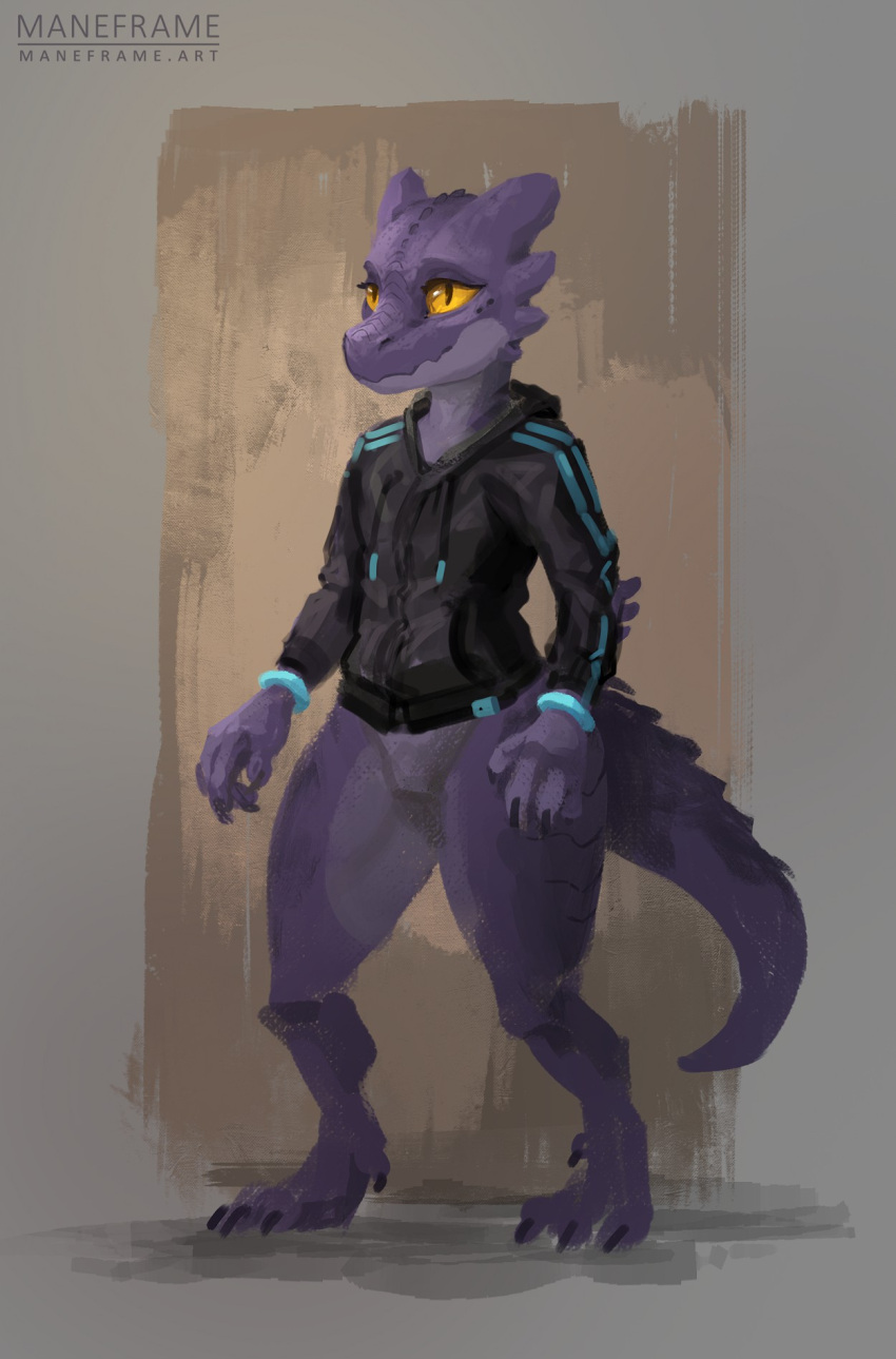 4_toes amber_eyes ambiguous_gender anthro barefoot bottomless clothed clothing featureless_crotch feet hi_res hoodie kobold maneframe nil purple_body purple_scales scales solo standing toes topwear