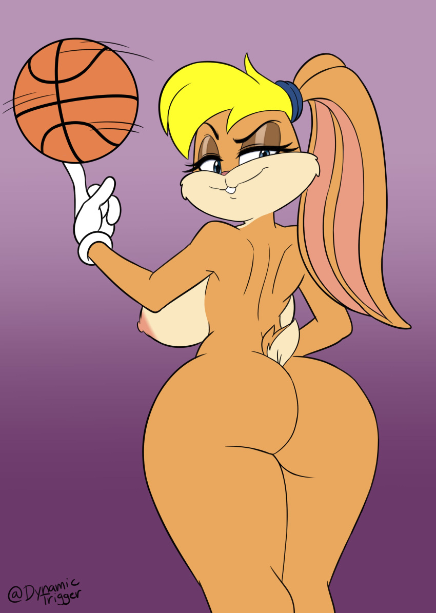 2019 absurd_res anthro ball basketball_(ball) blonde_hair breasts butt clothing dynamictrigger22 female fingers gloves hair handwear hi_res lagomorph leporid lola_bunny looking_back looney_tunes mammal nipples rabbit scut_tail short_tail solo warner_brothers white_clothing white_gloves white_handwear