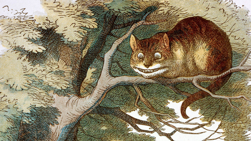 16:9 1865 19th_century :3 alice_in_wonderland ambiguous_gender ancient_furry_art cheshire_cat domestic_cat english_text felid feline felis feral fluffy hi_res john_tenniel male mammal plant smile solo teeth text tree widescreen