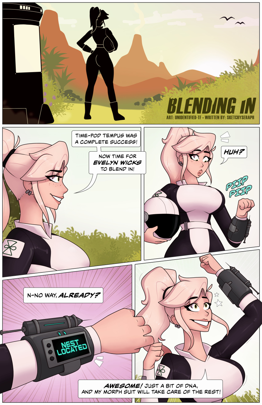 2021 absurd_res big_breasts blonde_hair bodysuit breasts clothed clothing comic female green_eyes hair hi_res human mammal simple_background skinsuit smile solo tight_clothing time_travel unidentified-tf