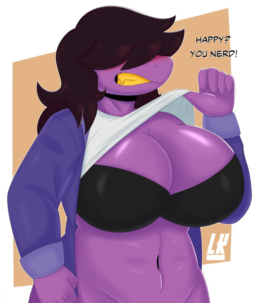 2021 absurd_res anthro belly big_breasts blush breasts clothed clothing clothing_lift curvy_figure deltarune dialogue digital_drawing_(artwork) digital_media_(artwork) female grin hair hi_res huge_breasts insult jacket lobokosmico navel non-mammal_breasts open_mouth purple_body purple_hair purple_skin reptile scalie sharp_teeth shirt shirt_lift simple_background smile solo susie_(deltarune) teeth text topwear tsundere undertale_(series) underwear video_games voluptuous white_clothing white_shirt white_topwear