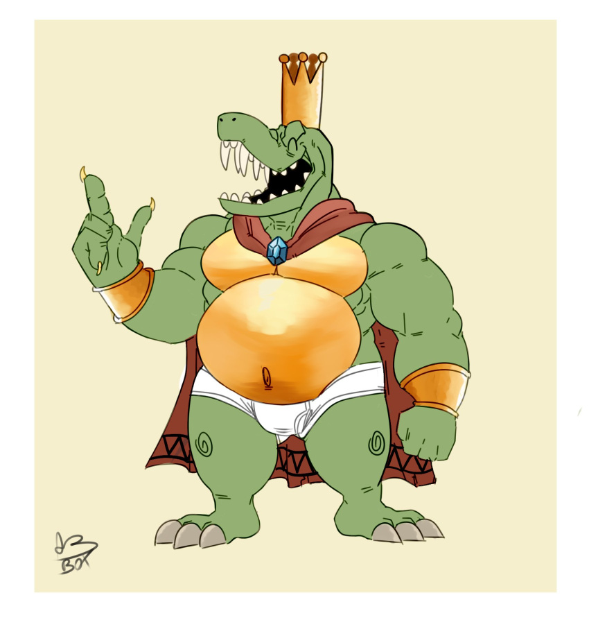 2019 3_toes 4_fingers anthro barefoot belly biceps big_belly biped border bottomwear briefs bulge cape claws clothed clothing crocodilian crown cuffs_(disambiguation) digital_media_(artwork) donkey_kong_(series) eyes_closed fangs feet finger_claws fingers front_view gem genericboxhead green_body green_scales grey_claws hi_res king king_k._rool kremling male musclegut navel nintendo open_mouth overweight overweight_anthro overweight_male pecs reptile royalty scales scalie shaded sharp_teeth signature simple_background skimpy smile snout solo standing swirls tan_background teeth teeth_showing tighty_whities toe_claws toes underwear video_games white_border white_briefs white_clothing white_underwear yellow_claws