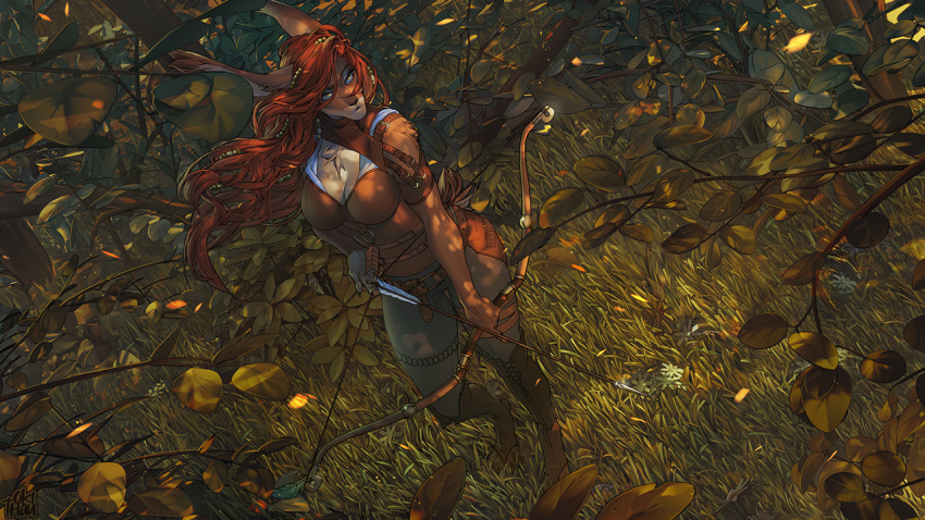 16:9 2021 anthro arrow bow breasts brown_hair clothed clothing day detailed_background digital_media_(artwork) female forest grass hair holding_object holding_weapon lagomorph leporid mammal okithau outside plant rabbit tree weapon widescreen