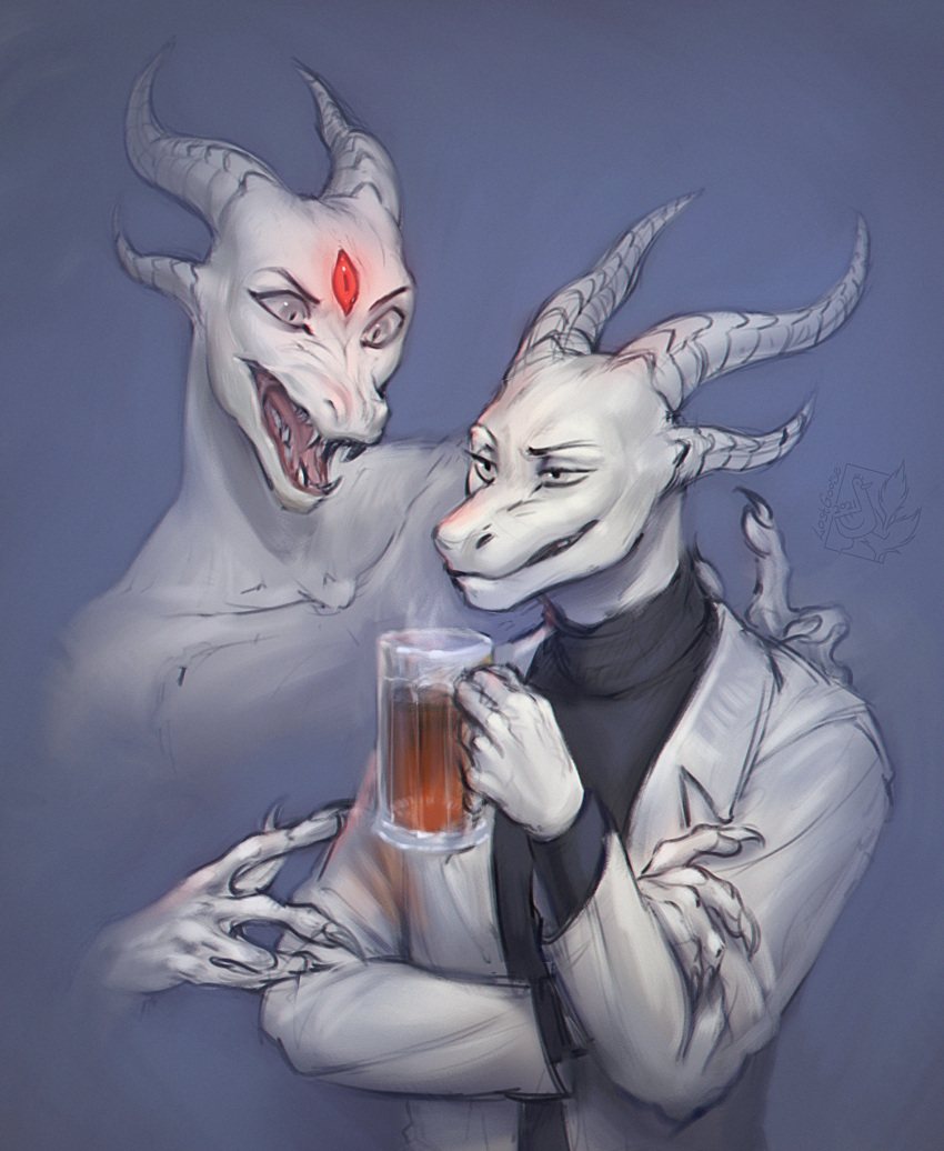 2021 3_eyes anthro beverage claws clothed clothing coat crossed_arms dialogue dragon duo fully_clothed glass glowing glowing_eyes grey_eyes grin hi_res holding_object horn lab_coat lostgoose male mug multi_eye open_mouth red_eyes red_glow saren_(saren662) scalie simple_background smile steam tea topwear white_body