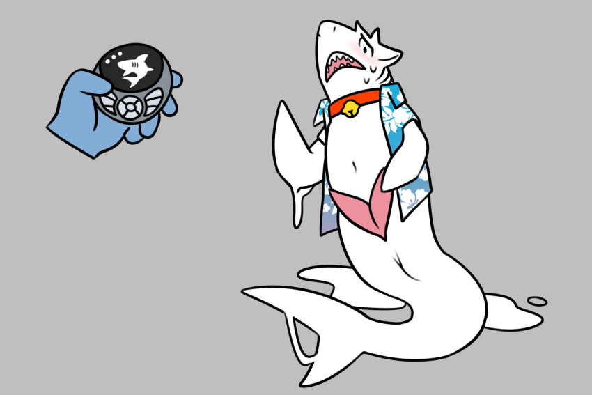 3:2 ? anthro anthro_to_feral bell clothed clothing collar disembodied_hand duo fish hacony male marine shark simple_background sketch solo solo_focus transformation white_body