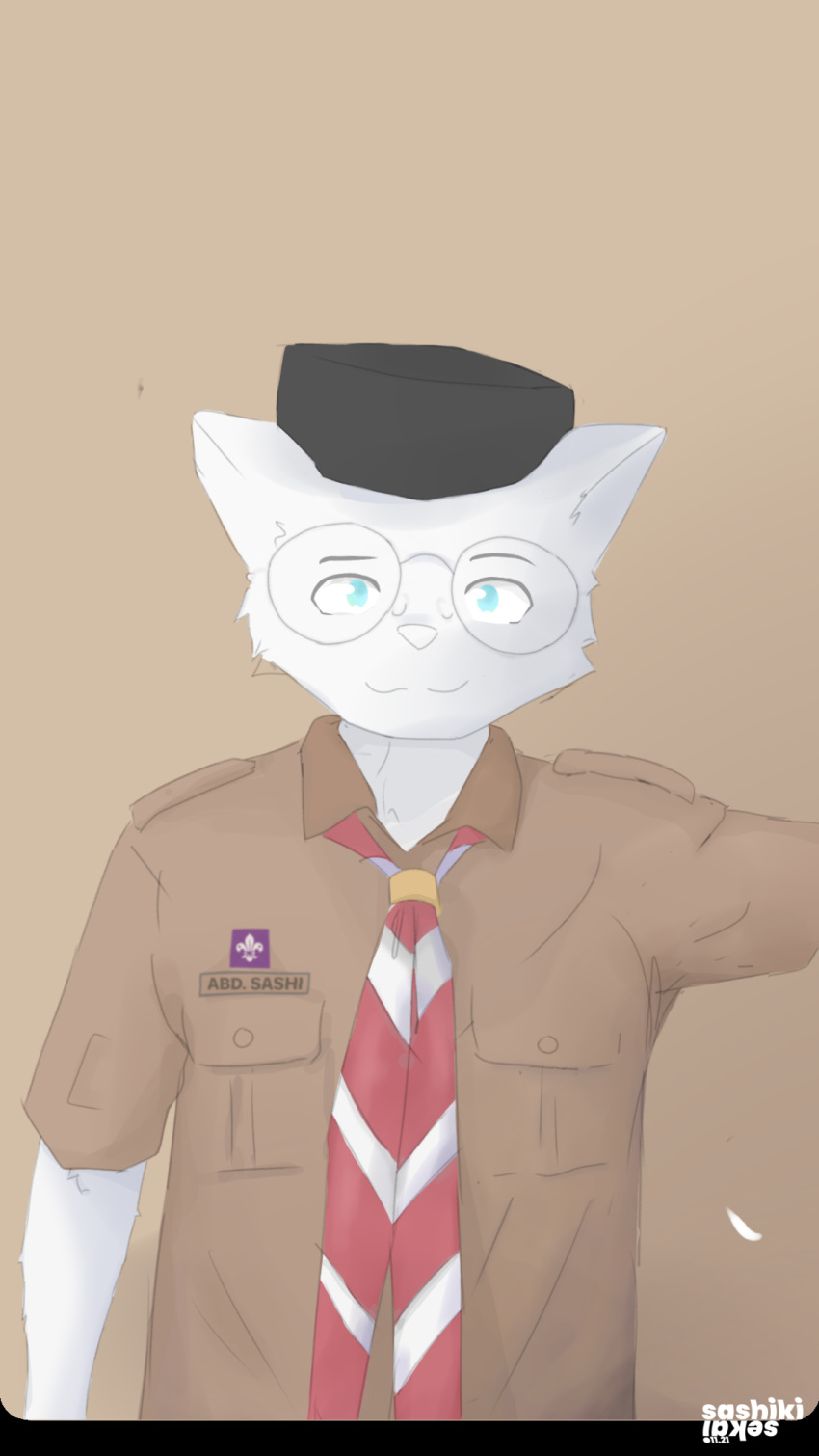 2021 anthro blue_eyes brown_background canid canine canis clothed clothing digital_drawing_(artwork) digital_media_(artwork) eyewear fur glasses handkerchief hat headgear headwear hi_res humanoid kerchief looking_at_viewer male mammal sashiki scout_uniform shaded simple_background simple_shading solo solo_focus white_body white_fur widescreen wolf young