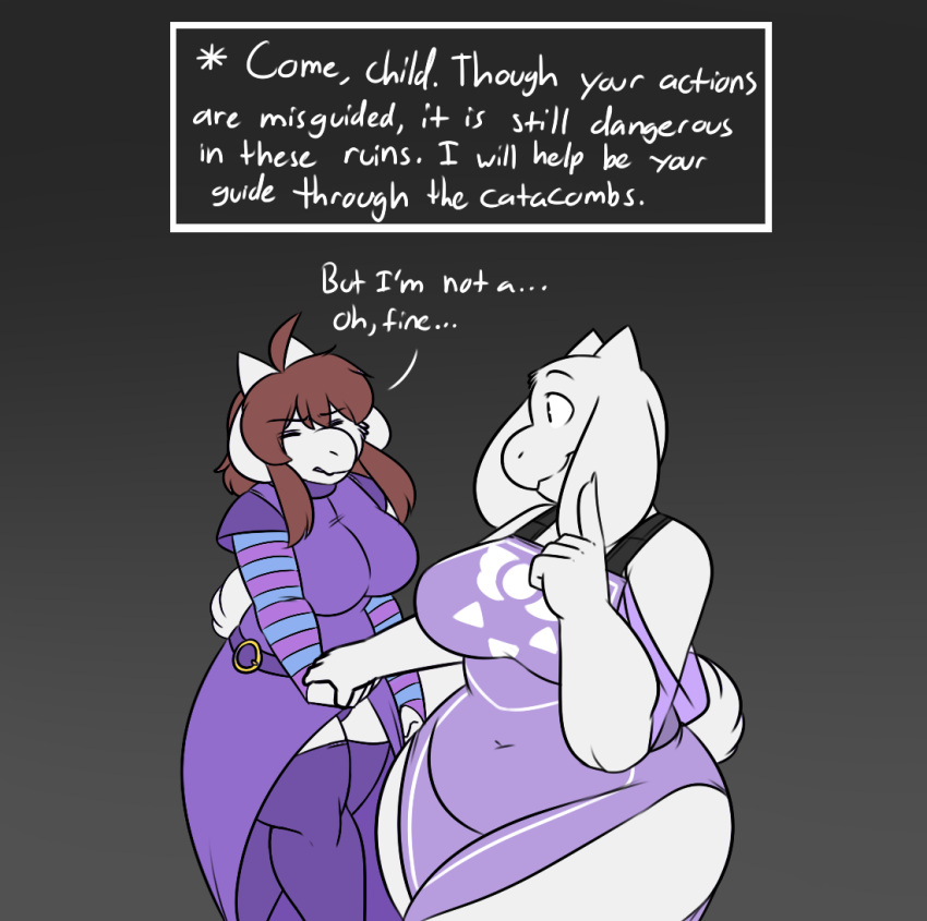 anthro big_breasts boss_monster bovid breasts brown_hair caprine clothed clothing comic duo english_text female fur goat hair horn huge_breasts long_ears mammal protagonist_(undertale) robertge simple_background text toriel undertale undertale_(series) video_games white_body white_fur