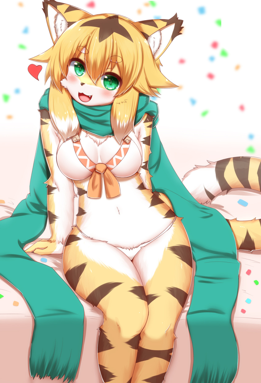 &lt;3 2021 anthro bikini blonde_hair blush body_hair breasts brown_body brown_fur cheek_tuft chest_hair cleavage clothed clothing confetti cute_fangs eyebrow_through_hair eyebrows facial_tuft felid female fingers fur green_eyes hair hi_res horokusa0519 inner_ear_fluff kemono looking_at_viewer mammal markings mia_(world_flipper) multicolored_body multicolored_ears multicolored_fur multicolored_hair multicolored_tail open_mouth open_smile pantherine scarf sitting smile smiling_at_viewer solo swimwear thick_eyebrows tiger translucent translucent_hair tuft white_body white_fur white_hair world_flipper yellow_body yellow_fur