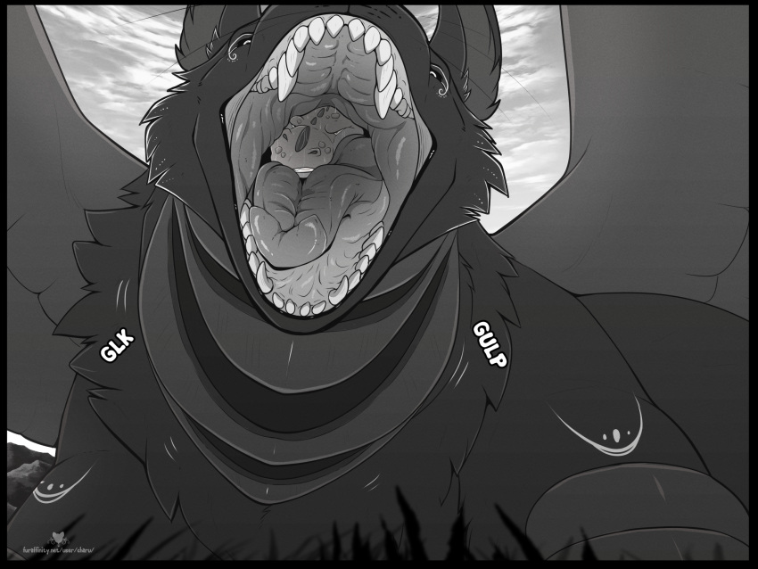 2021 4:3 ambiguous_form ambiguous_gender ambiguous_pred ambiguous_prey black_body black_border black_fur black_inner_ear black_inner_ear_fluff black_sclera bodily_fluids border canid canine canis charu cheek_tuft clenched_teeth cloud cramped detailed_background digital_drawing_(artwork) digital_media_(artwork) dragon duo ear_tuft facial_markings facial_tuft fangs feathered_wings feathers feet_first feral feral_pred fluffy fluffy_chest forced front_view fur fur_tuft gaping_mouth grass grey_body grey_fur grey_inner_ear grey_inner_ear_fluff grey_scales grey_text greyscale half-closed_eyes head_markings head_spikes hi_res hybrid inner_ear_fluff larger_ambiguous larger_feral larger_pred leg_markings looking_at_viewer looking_down low-angle_view mammal markings monochrome motion_lines mountain mouth_closed mouth_shot narrowed_eyes neck_bulge neck_tuft nightstar_(charu) nude on_grass onomatopoeia open_mouth oral_vore outside plant quadruped restrained saliva scales scalie shaded sharp_teeth size_difference sky smaller_ambiguous smaller_prey snout soft_vore sound_effects spikes spikes_(anatomy) spread_wings standing struggling struggling_prey stuck_in_throat swallowing symbol teeth text throat tongue tuft unwilling_prey unwilling_vore url vore watermark wet whiskers white_eyes white_markings white_text wings wolf
