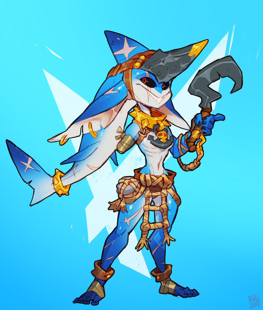 2021 anchor anthro armor black_sclera blue_body blue_scales collar convenient_censorship female fish foretbwat goblin headgear helmet hi_res hook humanoid marine one_armed scales scar shark solo spiked_collar spikes weapon