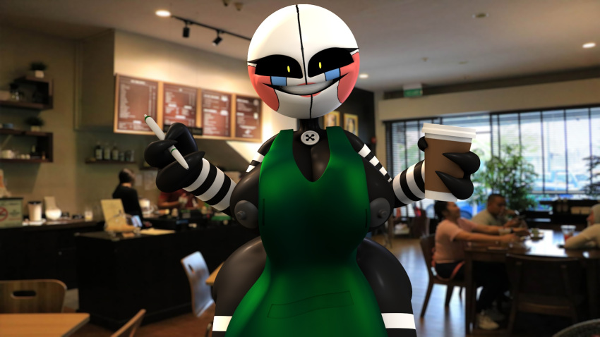 16:9 2021 3_fingers 3d_(artwork) animatronic apron apron_only areola beverage big_breasts big_mouth_(anatomy) black_body black_sclera black_skin breasts button_(fastener) c4d_max cleavage clenched_teeth clothed clothing coffee coffee_cup coffee_shop container cup digital_media_(artwork) exposed_breasts eyelashes female fingers first_person_view five_nights_at_freddy's five_nights_at_freddy's_2 green_apron grey_areola grey_nipples grin hi_res holding_coffee_cup holding_cup holding_object holding_pen human humanoid i_mean_breast_milk lipstick long_mouth looking_at_viewer machine makeup mammal marionette_(fnaf) meme mostly_nude nipples noseless partially_clothed pen public_exposure puppet real robot rosy_cheeks screencap screencap_background smile solo striped_body stripes teeth teeth_showing thick_thighs video_games white_body white_head white_skin white_stripes wide_hips wide_smile widescreen yellow_eyes