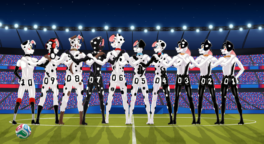 101_dalmatian_street 101_dalmatians absurd_res aged_up anthro anthrofied ball balls brother_(lore) brothers_(lore) butt canid canine canis clothing collar collar_only d.j._(101_dalmatians) dal101strefan dalmatian dante_(101_dalmatians) dawkins_(101_dalmatians) deepak_(101_dalmatians) diesel_(101_dalmatians) digital_media_(artwork) dimitri_1_(101_dalmatians) dimitri_2_(101_dalmatians) dimitri_trio_(101_dalmatians) disability disney domestic_dog dylan_(101_dalmatians) electronics exhibitionism eyewear feet flaccid foreskin fur genitals goggles group headphones hi_res humanoid_genitalia humanoid_penis jewelry male mammal markings necklace necklace_only nude number_on_body outdoor_nudity outside paint_on_body partially_retracted_foreskin pawpads penis prosthetic prosthetic_leg prosthetic_limb public public_nudity rear_view shirt sibling_(lore) smile soccer_ball soccer_field spots spotted_body stadium standing tail teeth toes tongue tongue_out topwear triplets_(lore) white_body white_fur