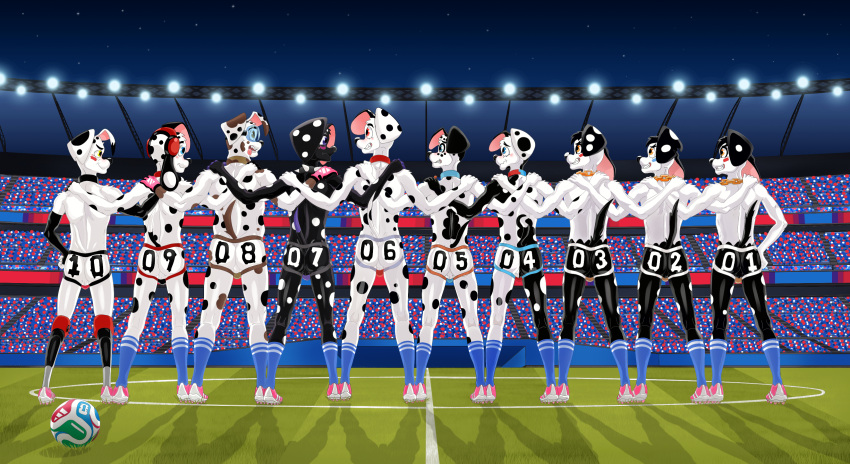 101_dalmatian_street 101_dalmatians absurd_res aged_up anthro anthrofied areola ball balls brother_(lore) brothers_(lore) bulge butt canid canine canis clothed clothing collar d.j._(101_dalmatians) dal101strefan dalmatian dante_(101_dalmatians) dawkins_(101_dalmatians) deepak_(101_dalmatians) diesel_(101_dalmatians) digital_media_(artwork) dimitri_1_(101_dalmatians) dimitri_2_(101_dalmatians) dimitri_trio_(101_dalmatians) disability disney domestic_dog dylan_(101_dalmatians) electronics exhibitionism eyewear footwear fur genitals goggles group headphones hi_res jewelry jockstrap male mammal markings necklace nipples number_on_body outside paint_on_body pecs prosthetic prosthetic_leg prosthetic_limb rear_view shirt shoes sibling_(lore) smile soccer_ball soccer_field socks spots spotted_body stadium standing tail teeth tongue tongue_out topless topless_anthro topless_male topwear triplets_(lore) underwear white_body white_fur