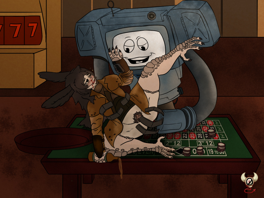 4:3 alcohol anthro avian bethesda_softworks beverage blood blush bodily_fluids bottomless brodie_(spectergrody) bubble casino clawed_toes clothed clothing drunk drunk_bubble duo duster_coat fallout female fingering head_wings hi_res legwear machine male male/female nosebleed only0neman pubes robot robotic_arm roulette_table scaled_legs substance_intoxication tagme thick_thighs thigh_highs video_games wings yes_man_(fallout)