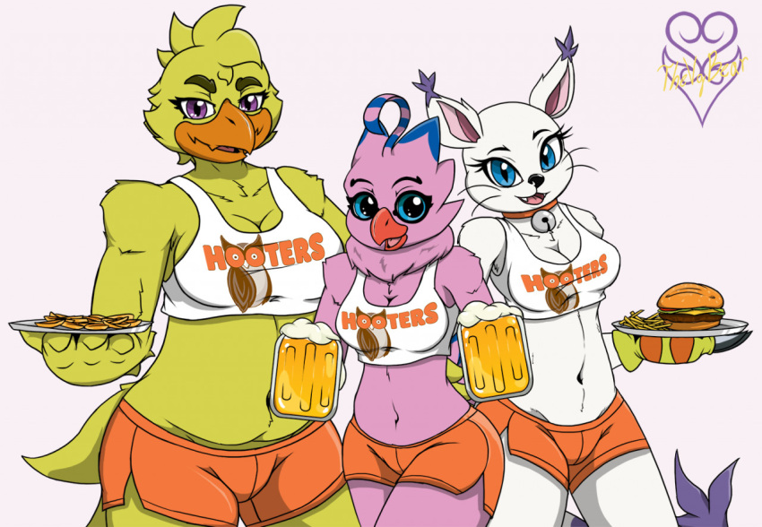 alcohol avian bandai_namco beak beer beverage big_breasts bird biyomon blue_eyes bottomwear breasts burger chica_(fnaf) chicken claws clothing digimon digimon_(species) domestic_cat eyebrows eyelashes feather_tuft feathers felid feline felis female five_nights_at_freddy's food fries galliform gallus_(genus) gatomon gloves hand_on_back handwear hooters hooters_uniform looking_at_viewer mammal navel non-mammal_breasts onion_rings overweight overweight_female pants phasianid pink_body pink_feathers pink_skin purple_eyes shorts slightly_chubby tail_feathers thevgbear topwear tuft video_games whiskers white_body white_skin yellow_body yellow_feathers yellow_skin
