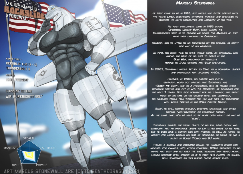 2021 abs aircraft aircraft_humanoid airplane anthro biceps biped blue_sky clothed clothing cloud conditional_dnp english_text gesture grey_body grey_skin hand_on_hip jet living_aircraft living_machine living_vehicle machine male marcus_stonewall_(renthedragon) model_sheet muscular muscular_anthro muscular_male nipple_outline one-piece_swimsuit outside pecs renthedragon salute sky solo standing stars_and_stripes stats swimwear text united_states_of_america vehicle wall_of_text wings yellow_eyes