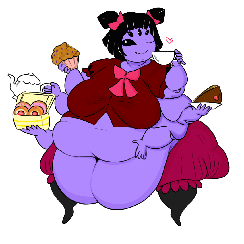 &lt;3 1:1 5_eyes 6_arms accessory alpha_channel anthro belly belly_overhang big_belly black_eyes black_hair bloomers blouse bottomwear bow_tie cake chubby_cheeks clothed clothing collective-intelligence container cup deep_navel dessert dewlap_(anatomy) double_chin doughnut doughnut_box empty_eyes fangs female flabby_arms food front_view hair hair_accessory hair_bow hair_ribbon hand_on_stomach hi_res holding_cake holding_cup holding_doughnut holding_food holding_muffin holding_object holding_tea_pot huge_hips legwear midriff morbidly_obese morbidly_obese_anthro morbidly_obese_female muffet muffin multi_arm multi_eye multi_limb navel obese obese_anthro obese_female one_eye_closed overweight overweight_anthro overweight_female pigtails purple_body ribbons short_hair simple_background sitting smile tea_pot teapot thick_thighs topwear transparent_background undertale undertale_(series) video_games wide_hips wink