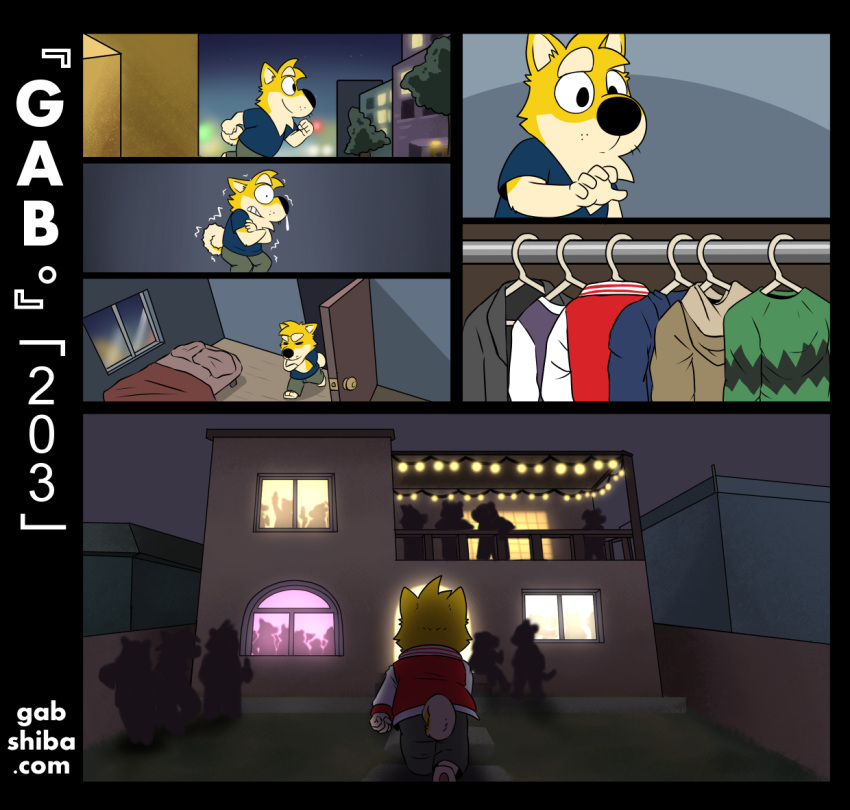 5_fingers anthro barefoot bed bedroom black_eyes black_nose canid canine canis clothed clothing cold comic curled_tail domestic_dog feet fingers fur furniture gab_(comic) gab_shiba gabshiba inside jacket male mammal night outside party runny_nose shaking shiba_inu solo spitz text topwear url wardrobe yellow_body yellow_fur