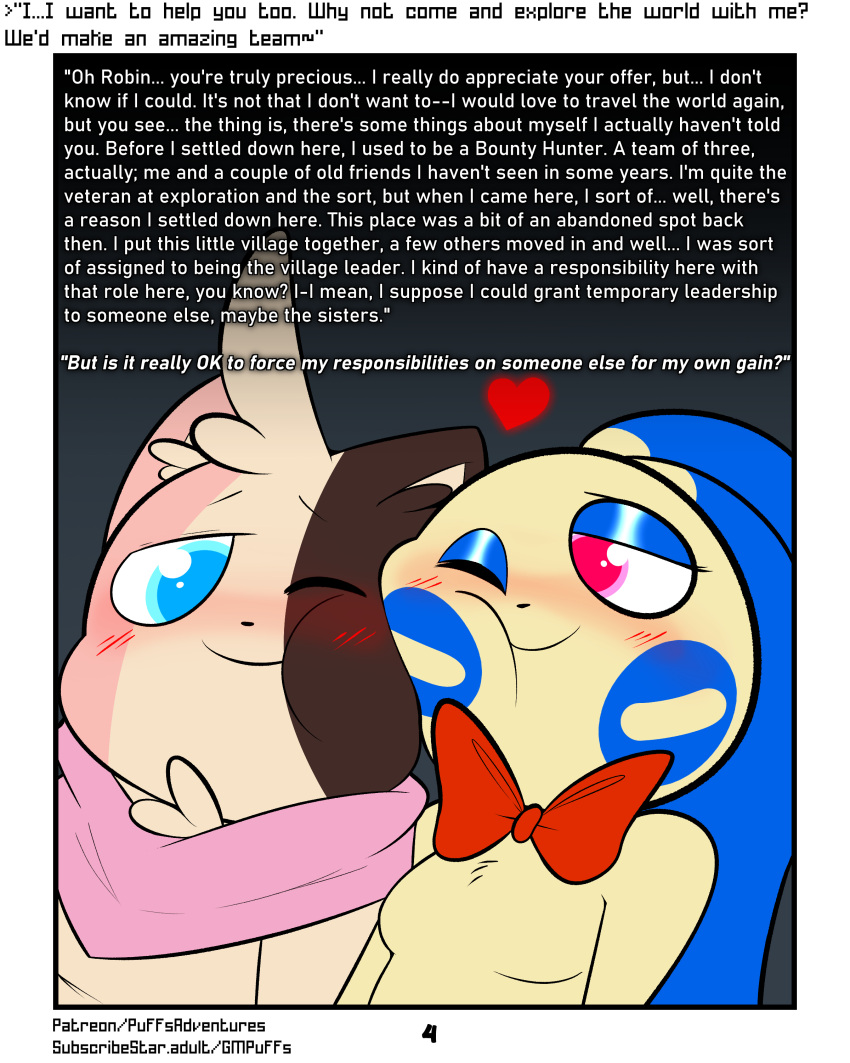 4:5 absurd_res blue_body blue_eyes blue_fur blush bow_ribbon brown_body brown_fur comic duo english_text female fur grass hi_res kneeling long_ears male minccino minun neapolitan_fur nintendo nuzzling peach_(rodent_powered) pink_body pink_fur plant pok&eacute;mon pok&eacute;mon_(species) pok&eacute;mon_mystery_dungeon red_eyes ribbons robin_(rodent_powered) rodent_powered_(softestpuffss) scarf semi-anthro softestpuffss straw tan_body tan_fur text video_games