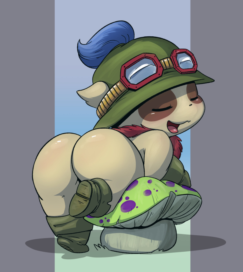 2021 anthro bent_over boots butt butt_focus clothing eyes_closed eyewear footwear fungus gloves goggles green_clothing green_hat green_headwear handwear hat headgear headwear league_of_legends lkiws male mushroom open_mouth riot_games simple_background solo teemo_(lol) tongue video_games yordle