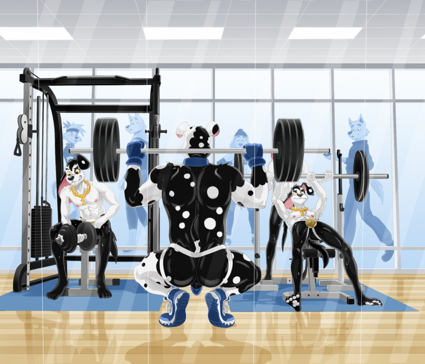 101_dalmatian_street 101_dalmatians abs aged_up anthro anthrofied areola balls beanie biceps bodily_fluids bottomwear brother_(lore) brothers_(lore) bulge butt canid canine canis cellphone clothed clothing collar crouching dal101strefan dalmatian digital_media_(artwork) dimitri_1_(101_dalmatians) dimitri_2_(101_dalmatians) dimitri_3_(101_dalmatians) dimitri_trio_(101_dalmatians) disney domestic_dog doug_(101_dalmatians) electronics exercise exhibitionism father_(lore) father_and_child_(lore) father_and_son_(lore) feet fingerless_gloves footwear fur genitals gloves group gym handwear hat headgear headwear hi_res holding_cellphone holding_object holding_phone holding_smartphone holding_weights jockstrap male mammal mature_anthro mature_male muscular muscular_male navel neck_chain nipples pants parent_(lore) parent_and_child_(lore) parent_and_son_(lore) pawpads pecs phone rear_view recording shirt shoes shorts sibling_(lore) sitting smartphone smile socks son_(lore) spots spread_legs spreading sweat sweatdrop tail tank_top teeth toes topless topless_anthro topless_male topwear triplets_(lore) underwear weight_bench weightlifting weights window workout