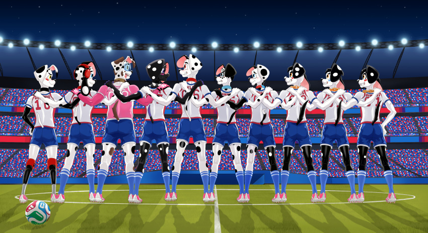 101_dalmatian_street 101_dalmatians absurd_res aged_up anthro anthrofied ball brother_(lore) brothers_(lore) canid canine canis clothing collar d.j._(101_dalmatians) dal101strefan dalmatian dante_(101_dalmatians) dawkins_(101_dalmatians) deepak_(101_dalmatians) diesel_(101_dalmatians) digital_media_(artwork) dimitri_1_(101_dalmatians) dimitri_2_(101_dalmatians) dimitri_trio_(101_dalmatians) disability disney domestic_dog dylan_(101_dalmatians) electronics eyewear footwear fur goggles group headphones hi_res jewelry male mammal markings necklace outside prosthetic prosthetic_leg prosthetic_limb rear_view shirt shoes sibling_(lore) smile soccer_ball soccer_field socks spots spotted_body stadium standing tail teeth tongue tongue_out topwear triplets_(lore) white_body white_fur
