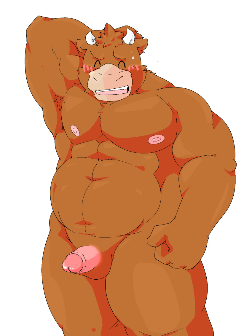 3:4 abs anthro armpit_hair balls blush body_hair bovid bovine cattle colored edit erection genitals goujuyu hi_res male mammal musclegut muscular muscular_anthro muscular_male nude pecs penis simple_background solo uncensored white_background
