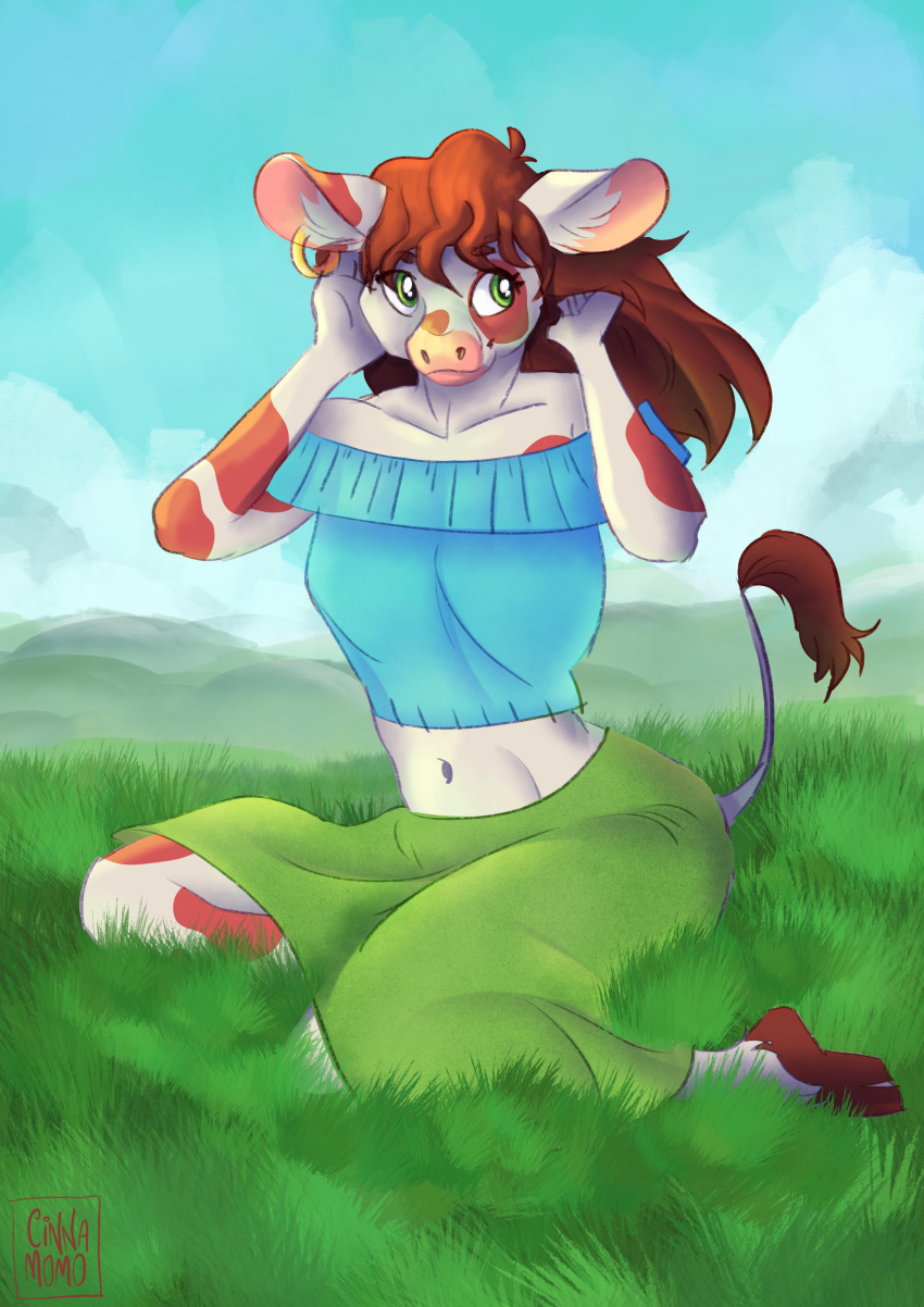 absurd_res anthro bottomwear bovid bovine cattle cinnamomo clothed clothing ear_piercing ear_ring female field grass_field hi_res mammal piercing skirt solo solo_focus tail_tuft tuft