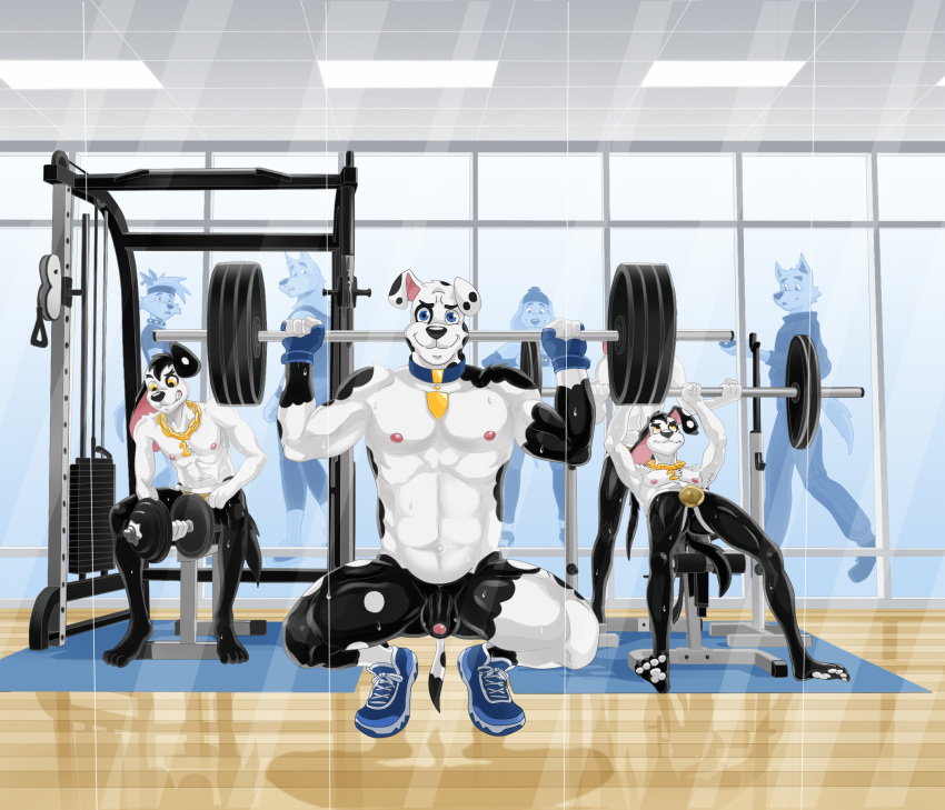 101_dalmatian_street 101_dalmatians abs aged_up anthro anthrofied areola balls beanie biceps bodily_fluids bottomwear brother_(lore) brothers_(lore) butt canid canine canis cellphone clothed clothing collar crouching dal101strefan dalmatian digital_media_(artwork) dimitri_1_(101_dalmatians) dimitri_2_(101_dalmatians) dimitri_3_(101_dalmatians) dimitri_trio_(101_dalmatians) disney domestic_dog doug_(101_dalmatians) electronics exercise exhibitionism father_(lore) father_and_child_(lore) father_and_son_(lore) feet fingerless_gloves flaccid footwear foreskin fur genitals gloves group gym handwear hat headgear headwear hi_res holding_cellphone holding_object holding_phone holding_smartphone holding_weights humanoid_genitalia humanoid_penis looking_at_viewer male mammal mature_anthro mature_male muscular muscular_anthro muscular_male navel neck_chain nipples nude pants parent_(lore) parent_and_child_(lore) parent_and_son_(lore) partially_retracted_foreskin pawpads pecs penis phone rear_view recording shirt shoes shorts sibling_(lore) sitting smartphone smile socks son_(lore) spots spread_legs spreading sweat sweatdrop tail tank_top teeth toes topwear triplets_(lore) weight_bench weightlifting weights window workout