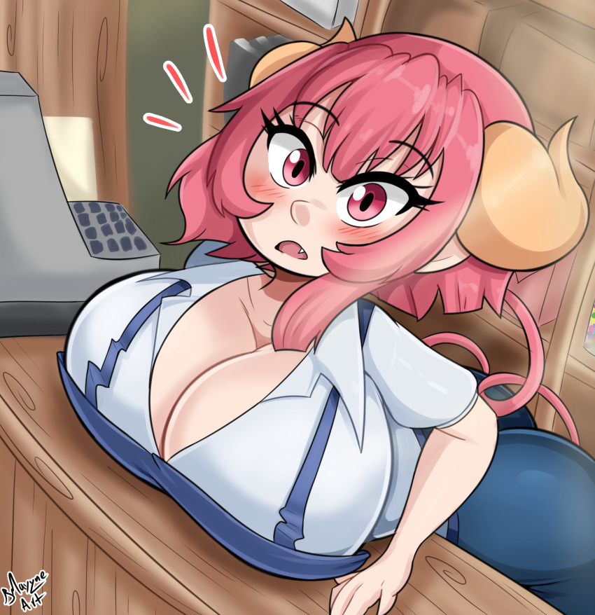 big_breasts bmayyneart breast_rest breasts cleavage clothed clothing hair hi_res horn horned_humanoid huge_breasts humanoid ilulu miss_kobayashi's_dragon_maid pink_hair