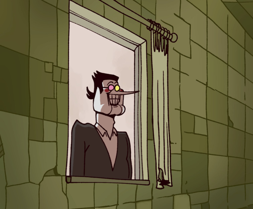 bathroom big_chin black_hair clothed clothing curtains darkner deltarune eyewear glasses gooseworx hair hi_res human humor long_nose male mammal outside pale_skin smile solo spamton_g._spamton undertale_(series) video_games window