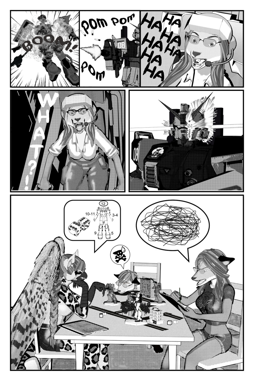 2:3 absurd_res anthro anthro_(artist) avian canid canine comic digital_media_(artwork) female fox greyscale group gryffin gryphon gundam heleana_(character) hi_res male mammal manga monochrome mythological_avian mythology simon_(character) simona_(character) tabletop_game