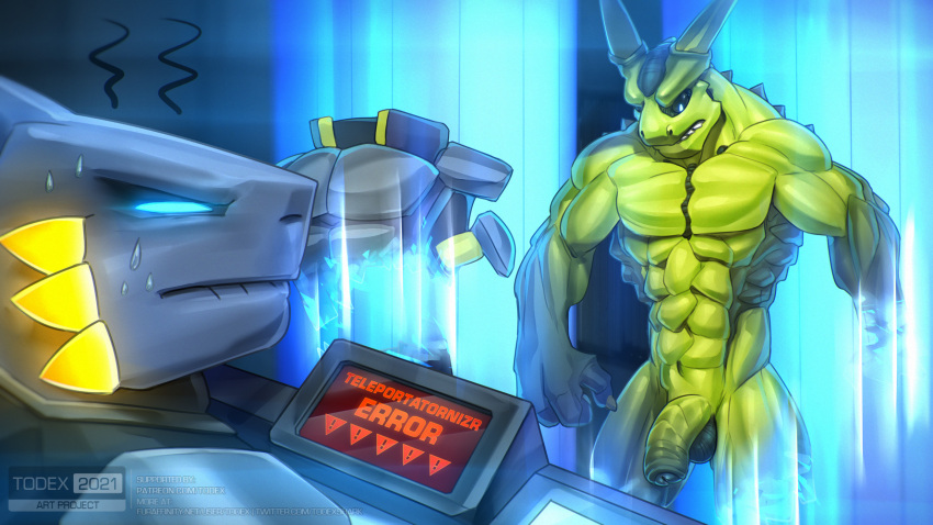 3_fingers abs anthro balls big_penis bite biting_lip blue_eyes bodily_fluids dragon duo fingers fish flaccid foreskin genitals glowing glowing_eyes hi_res humanoid_genitalia humanoid_penis male marine muscular muscular_male nude penis shark solo sweat tdxlabs todex todex_(character)